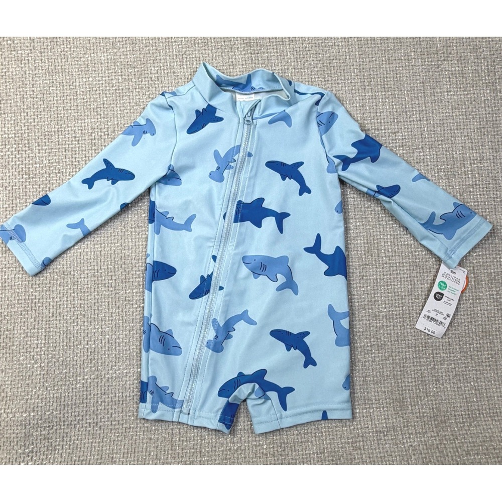Carter's Just One You Shark Rash Guard Swimsuit 9M Blue UPF 50 NWT